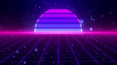 Retro 80's synthwave animation with bright sun, cyber space and starry sky. Stock Footage 312630732