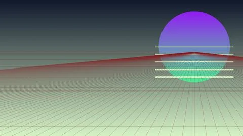Retro 80s Synthwave Background with Digital Wireframe Grid Landscape and Gr.. Stock Illustration