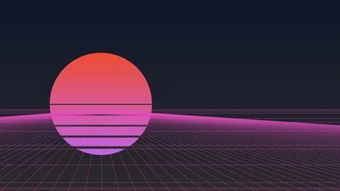 Retro 80s Synthwave Background Featuring Neon Pink Grid Landscape and Gradi.. Stock Illustration
