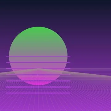 Retro 80s synthwave background featuring neon sun and digital perspective g.. Stock Illustration