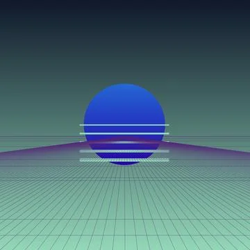 Retro 80s synthwave background featuring blue sun and perspective wireframe.. Stock Illustration