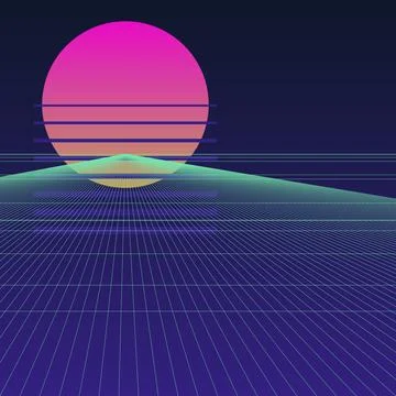 Retro 80s synthwave background featuring glowing pink sun and cyan perspect.. Stock Illustration
