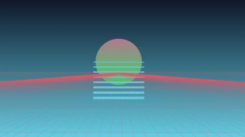 Retro 80s Synthwave Background with Futuristic Neon Sun and Perspective Gri.. Stock Illustration