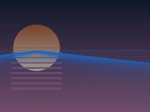 Retro 80s synthwave background with futuristic blue wireframe grid landscap.. Stock Illustration