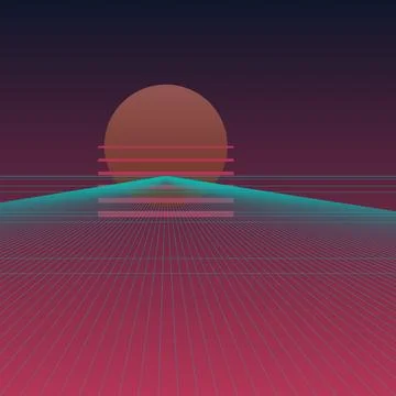 Retro 80s Synthwave Background with Glowing Sun and Wireframe Grid Landscap.. Stock Illustration