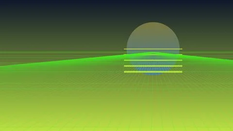 Retro 80s synthwave background with green wireframe grid landscape and suns.. Stock-Illustration