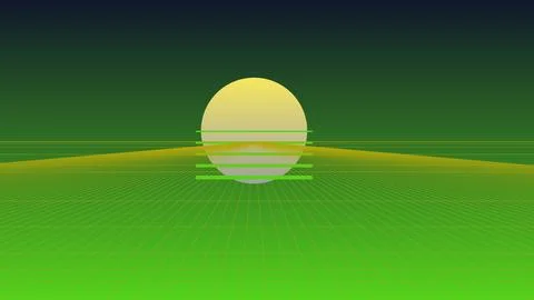 Retro 80s Synthwave Background with Green Perspective Grid and Cyber Sunset.. イラスト素材