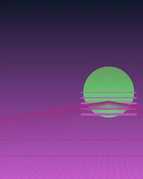 Retro 80s Synthwave Background with Green Sun and Purple Perspective Grid W.. イラスト素材