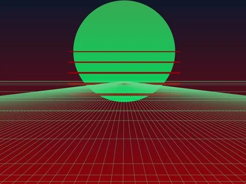 Retro 80s Synthwave Background with Green Sun and Digital Wireframe Grid Pe.. Stock Illustration