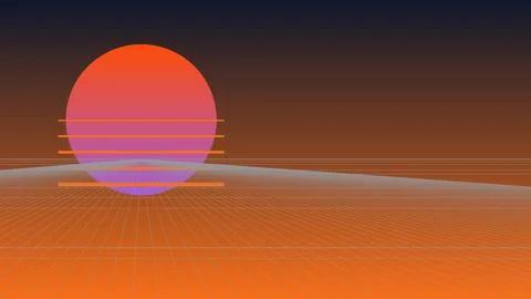 Retro 80s Synthwave Background with Large Sunset and Perspective Grid for F.. イラスト素材
