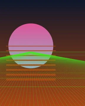 Retro 80s Synthwave Background with Large Pink Sun and Green Perspective Wi.. イラスト素材