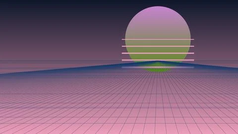 Retro 80s Synthwave Background with Neon Sun and Perspective Wireframe Grid.. Stock Illustration
