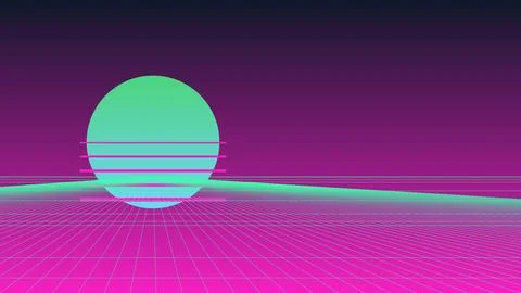 Retro 80s Synthwave Background with Neon Green Sun and Pink Wireframe Grid .. イラスト素材