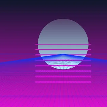 Retro 80s Synthwave Background with Neon Sun and Perspective Grid Landscape.. イラスト素材