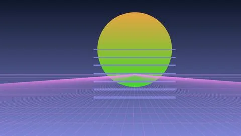 Retro 80s Synthwave Background with Neon Sun and Perspective Grid Wireframe.. Stock Illustration