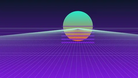 Retro 80s Synthwave Background with Neon Grid Floor and Glowing Sun Landsca.. Stock Illustration