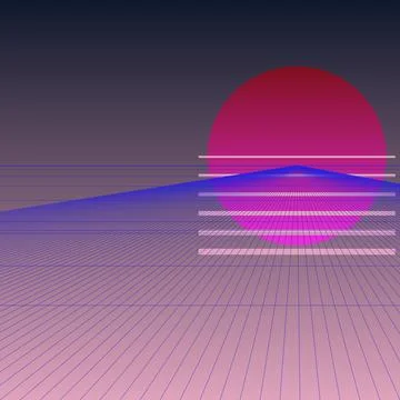 Retro 80s synthwave background with neon sunset and perspective wireframe gri Stock Illustration