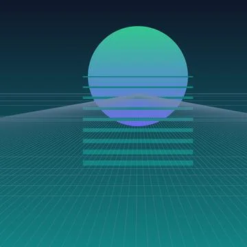 Retro 80s Synthwave Background with Neon Sun and Digital Perspective Grid L.. Stock Illustration