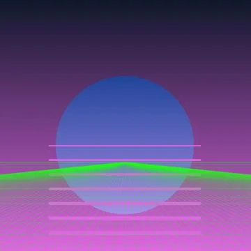 Retro 80s Synthwave Background with Neon Grid Floor, Blue Sun and Purple Gr.. Stock Illustration