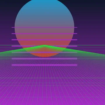 Retro 80s Synthwave Background with Neon Sun and Perspective Wireframe Grid.. Stock Illustration