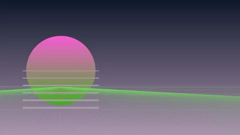 Retro 80s Synthwave Background with Pink Gradient Sun and Green Wireframe P.. Stock Illustration