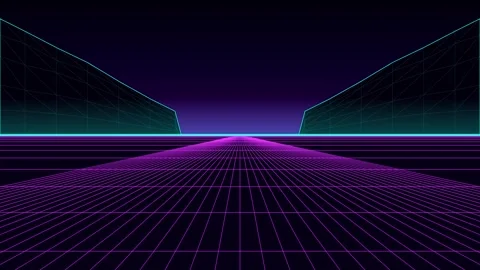 Retro 80s synthwave grid horizon: neon purple laser landscape background an.. 库存影片 344860373