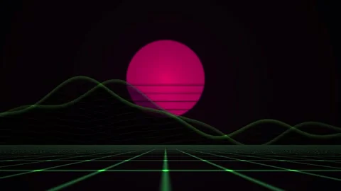 Retro 80s synthwave landscape animation with glowing pink sun and grid. Stock Footage 334538345