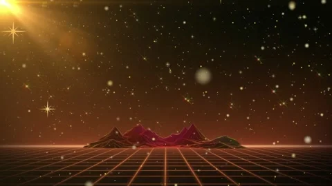 Retro 80s synthwave landscape with glowing wireframe mountains and starry night Stock Footage 337461190