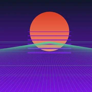 Retro 80s Synthwave Landscape with Neon Perspective Grid and Sun Stock Illustration