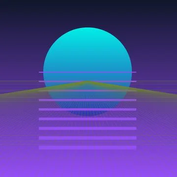 Retro 80s Synthwave Neon Background with Cyan Sun and Purple Digital Grid P.. Stock Illustration