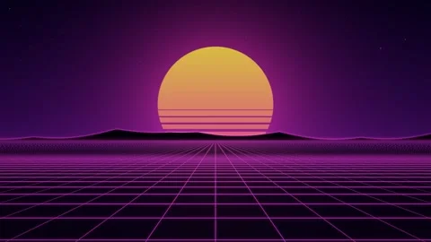 Retro 80s synthwave neon grid landscape horizon seamless loop animation Video stock 347081255