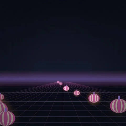 Retro 80s Synthwave Pumpkins Grid Horizon Neon Purple Pink Loop Animation Stock-Footage 348199545
