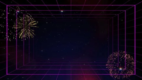 Retro 80s synthwave style background with neon grid tunnel and fireworks in Stock Footage 337461286