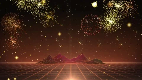 Retro 80s synthwave style landscape with wireframe mountains and fireworks in Stock-Footage 337461013