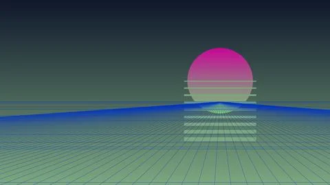 Retro 80s Synthwave Sunset Background with Digital Wireframe Grid and Neon .. Stock Illustration