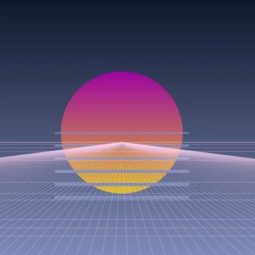 Retro 80s Synthwave Sunset with Digital Wireframe Grid Landscape Background Stock Illustration