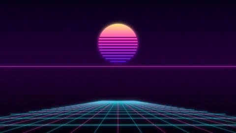 Retro 80s synthwave sunset over a neon perspective grid Stock Footage 335941046