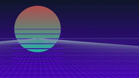 Retro 80s Synthwave Sunset with Purple Wireframe Grid Landscape and Glowing.. イラスト素材