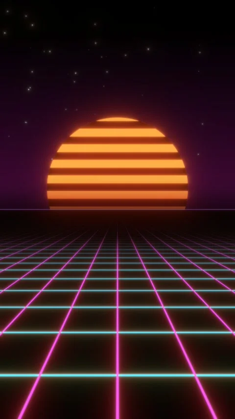 Retro 80s synthwave sunset with striped orange sun over glowing neon laser grid 스톡 동영상 347728595