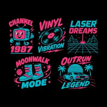 Retro 80s Vector Graphics Set with Neon Colors and Vintage Themes Stock Illustration