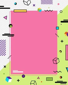 Retro 90s memphis design background with pink rectangle frame, colorful geo.. Stock Illustration
