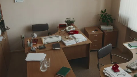 Retro 90s Office Interior for Two Workers with Typewriter and Computer Stock Footage 280258105