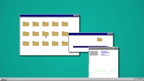 Retro 90s Style Operating System Interface with Folders and Progress Bar on Tea 動画素材 347263379