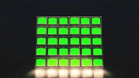 Retro 90s TV Wall. Stack of 30 Vintage Broken TV Turning On Green Screens. Lots Vídeos de archivo 168739735