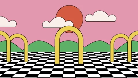 Retro Abstract Background of Shapes with Checkered Field, Clouds and Arches Stock Footage 332150844