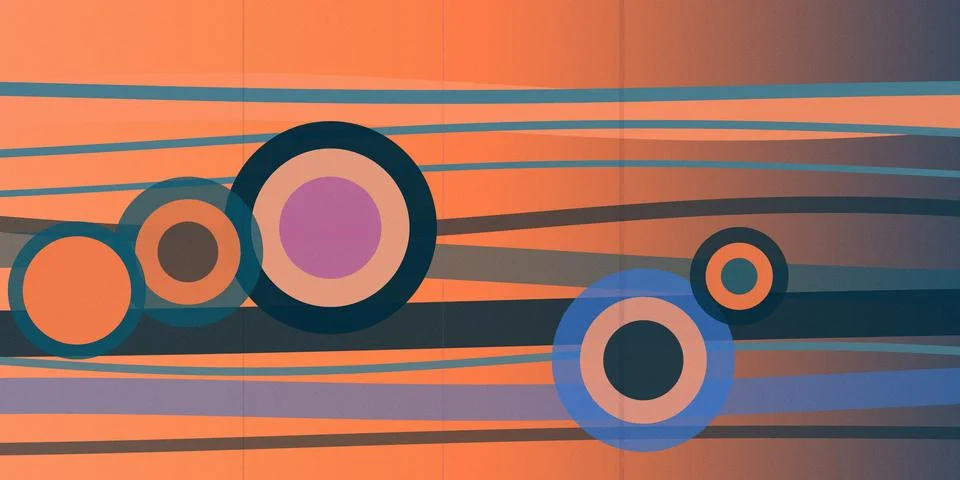 Retro abstract design featuring layered geometric circles in orange, teal, .. Stock Illustration