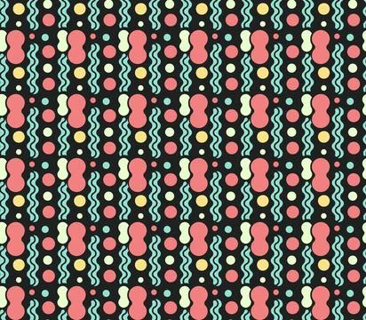 Retro Abstract Seamless Pattern with Colorful Dots and Wavy Shapes on Black.. Stock Illustration