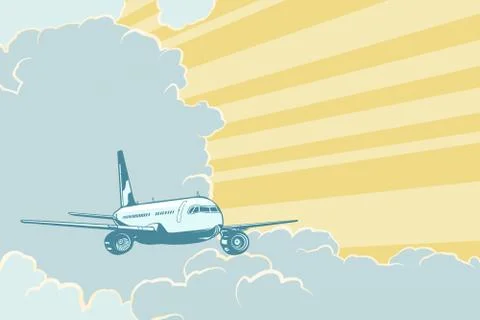 Retro airplane flying in the clouds. Air travel background Stock Illustration