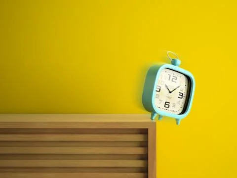 Retro alarm clock is falling from the table 3D rendering Stock Illustration