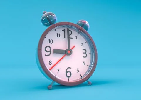 Retro alarm clock on table on blue background. 3D illustator Illustrazione stock